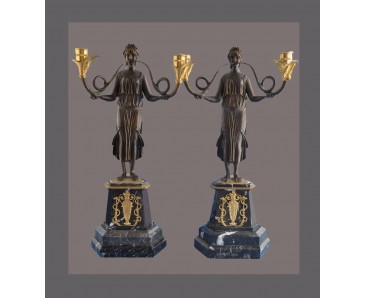 Pair of Antique Candelabra - 2 bronze Classical figures on Marble Bases-SOLD