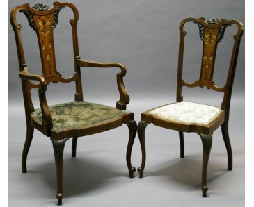 Edwardian Set of Chair and Armchair with Ivory Marquetry