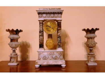 Alabaster Portico Clock with Garniture