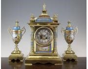 Antique French Clock Garniture - Painted Porcelain with Ormolu.