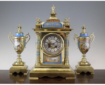 Antique French Clock Garniture - Painted Porcelain with Ormolu.