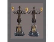 Pair of Antique Candelabra - 2 bronze Classical figures on Marble Bases-SOLD