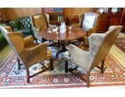 ANTIQUE GAMES TABLE WITH SET OF 4 SMALL CHESTERFIELD  ARMCHAIRS 